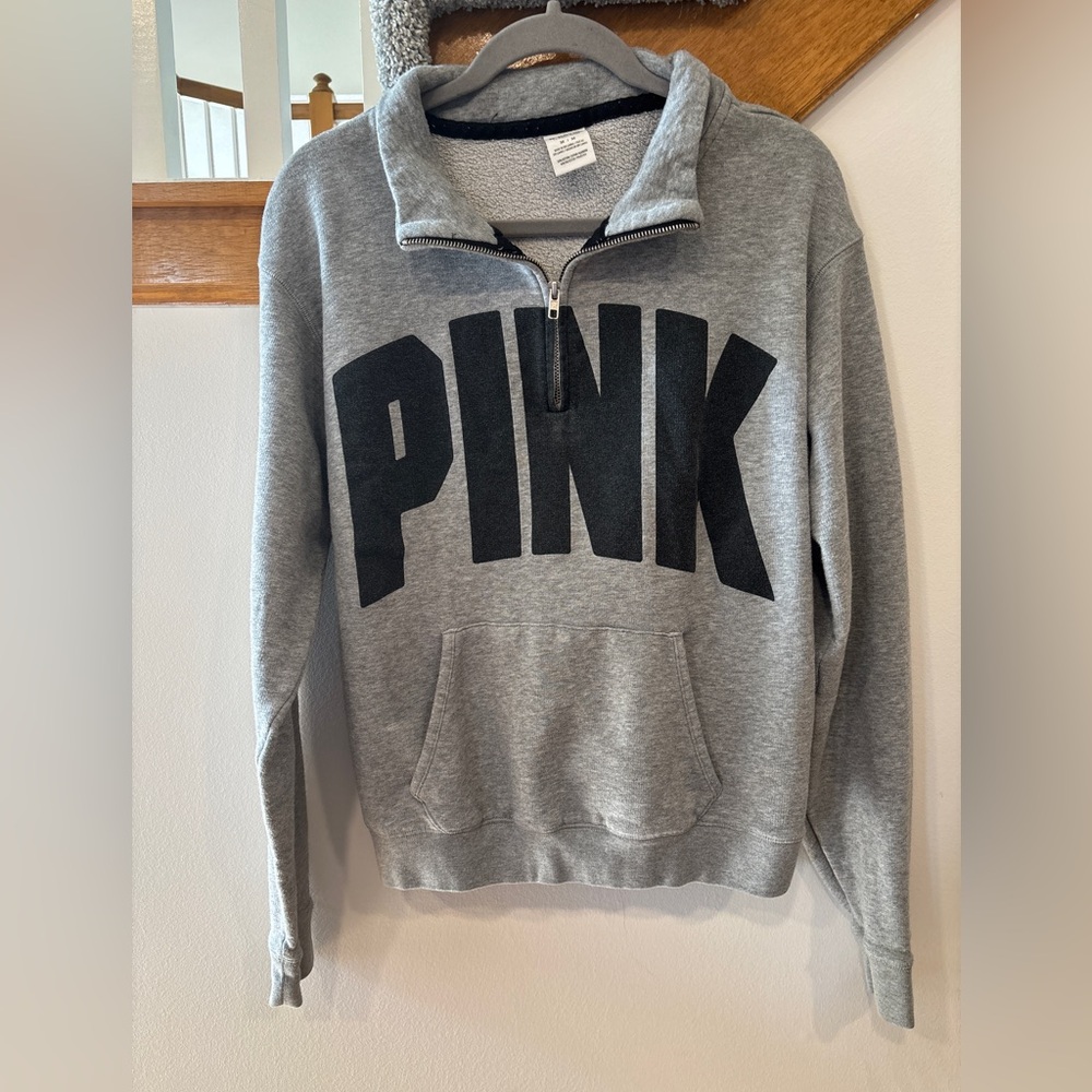Victoria's Secret PINK heather gray half-zip pullover w/ black logo - Women’s M